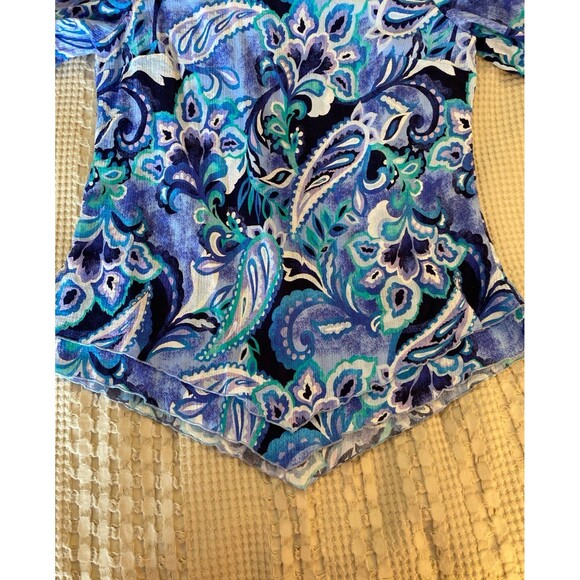 Soft Surroundings Blouse Sz ? Medium Top Blue Ruffled Edge Sleeve & V Hemline - Picture 7 of 11